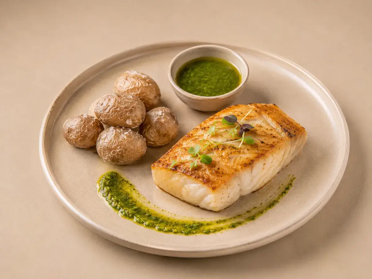 Cherne al horno con papas arrugadas y mojo suave de cilantro