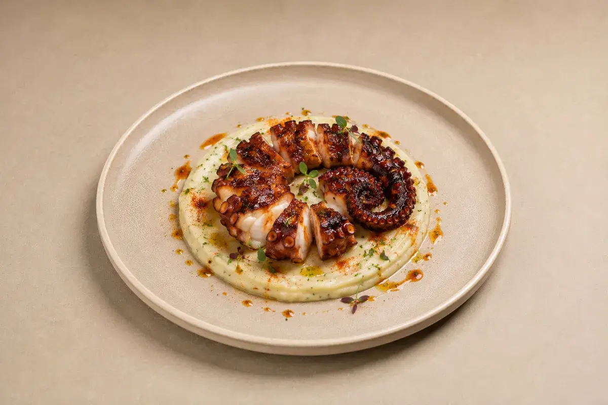 Pulpo a la brasa sobre parmentier de patata y aceite de pimentón