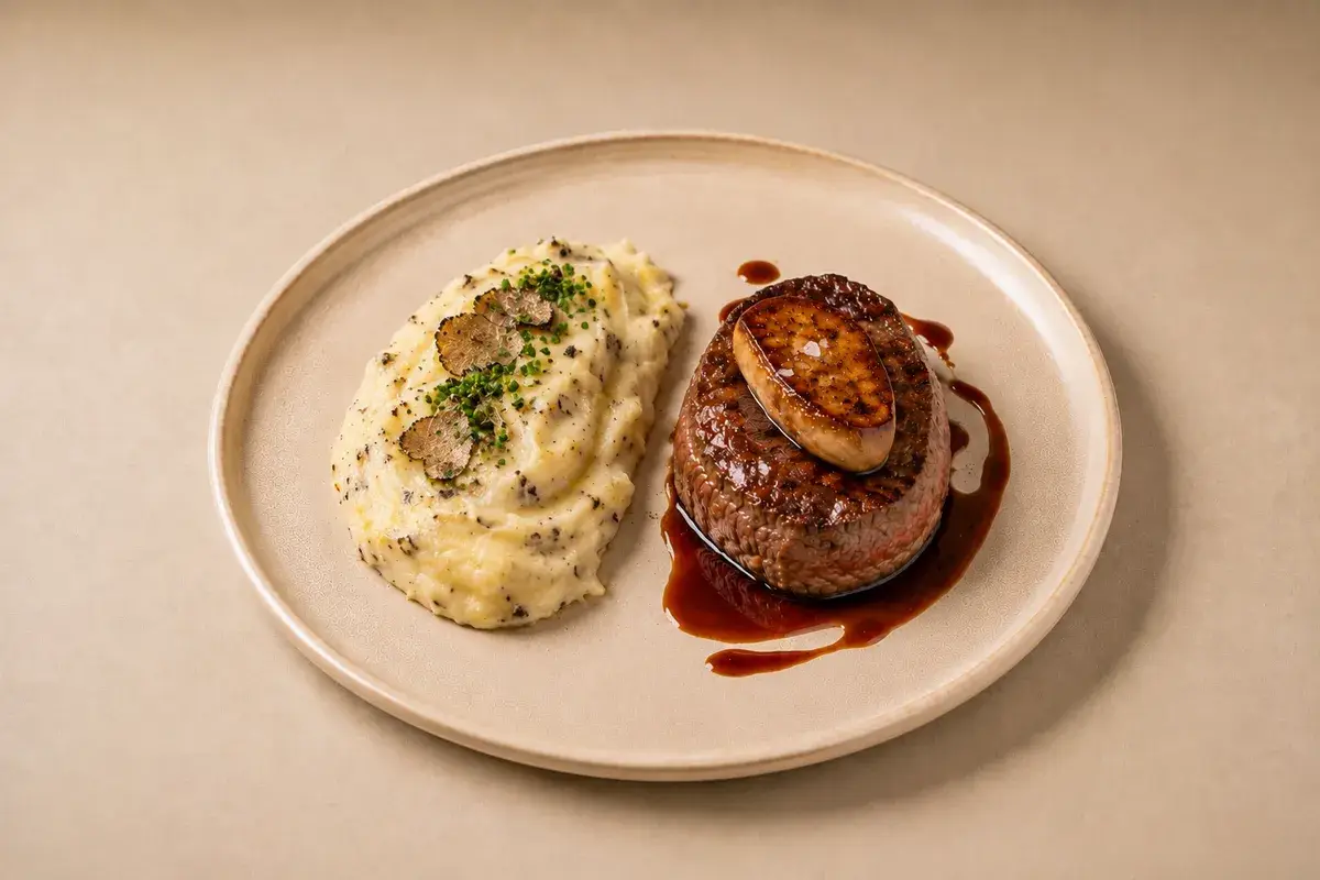 Solomillo de rubia gallega con foie gras y puré trufado